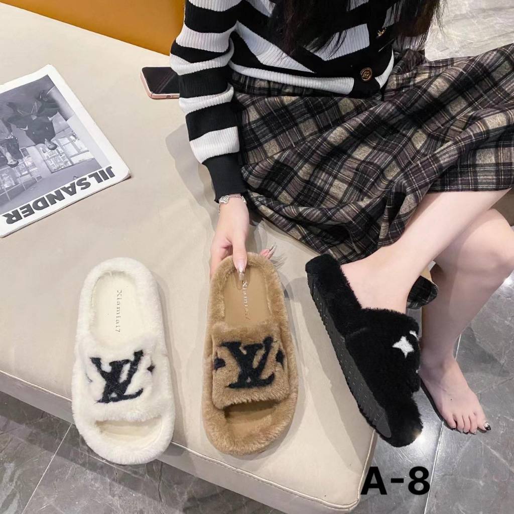 Dép lông LV quai ngang đế dày 3cm