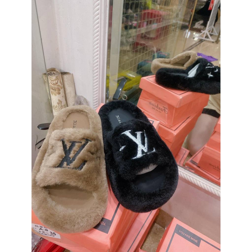 Dép lông LV quai ngang đế dày 3cm