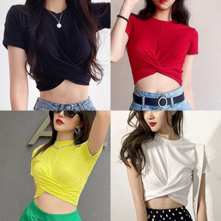 Áo croptop xoắn eo tay ngắn- vải dư xịn thun gân tăm