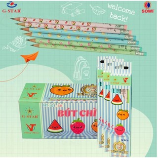 Hộp bút chì gỗ 2b - 12 cây gstar ht-103 chất liệu cao cấp có đầu gôm chính hãng