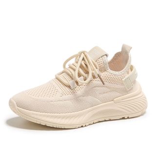 Giày sneaker lưới nữ dệt kim đế giày thoáng khí mới, giày chạy bộ dành cho nữ LD290 đơn giản màu be sữa xinh