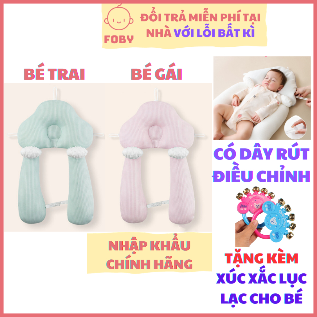 Gối Chặn Chữ U Chống Giật Mình Cho Bé Sơ Sinh, Chống Bẹp Đầu, Méo Đầu. Có Dây Rút Điều Chỉnh Cho Trẻ Sơ Sinh Ngủ Ngon