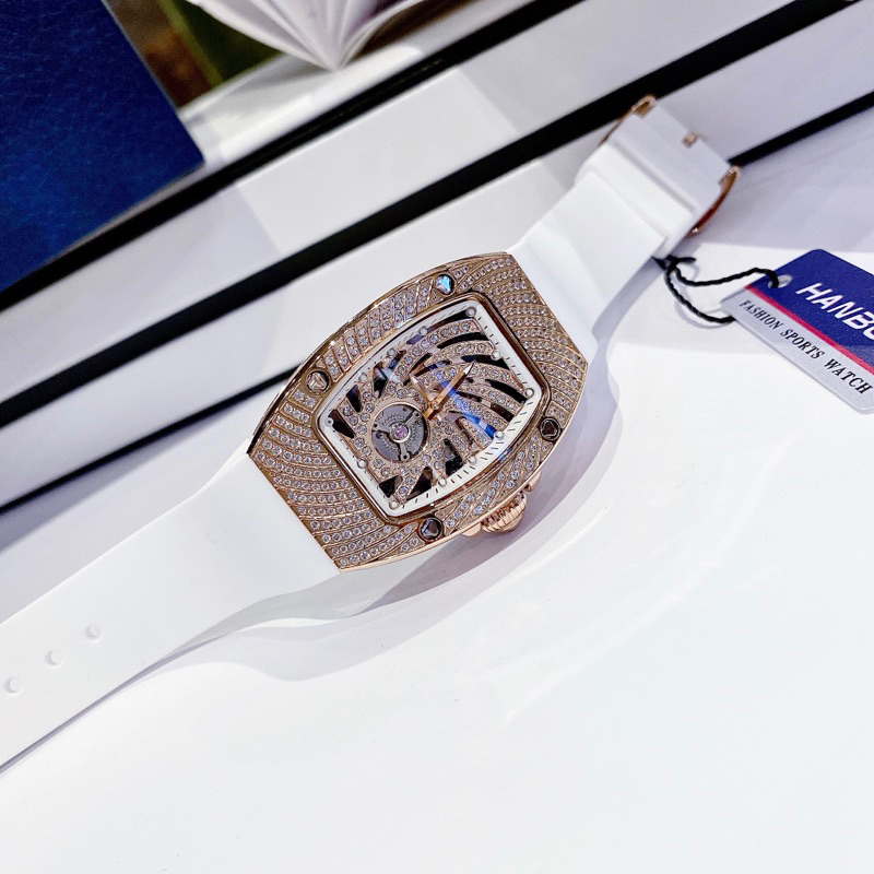 Đồng hồ Nữ HANBORO mặt vuông đính đá dây silicon màu trắng chính hãng