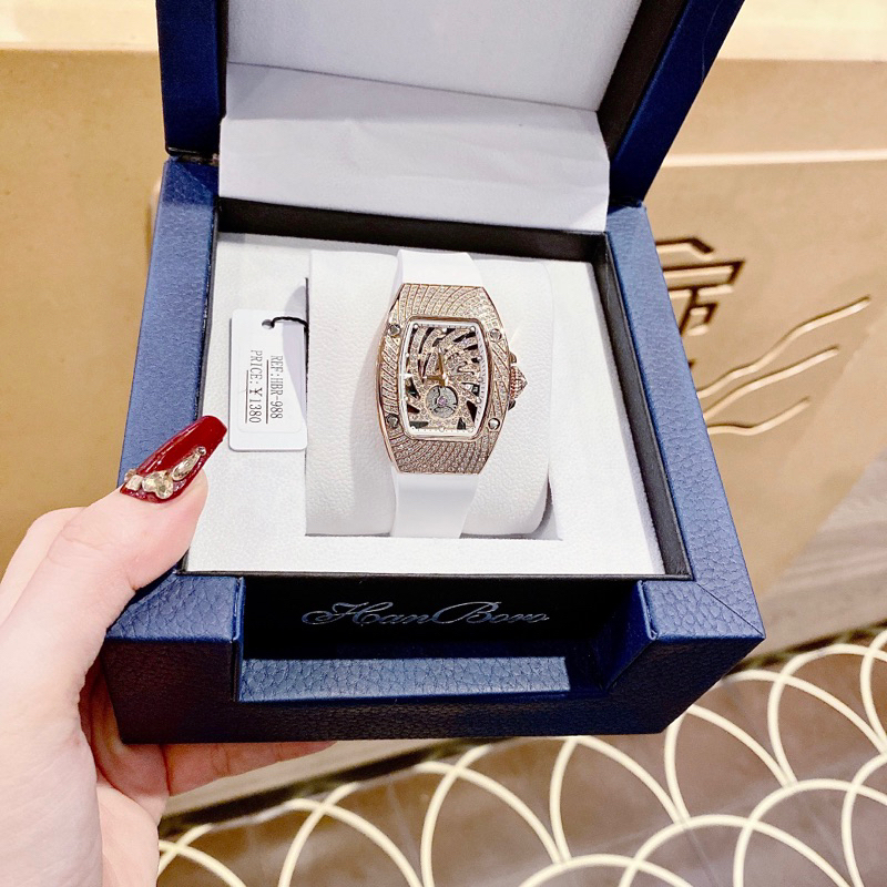 Đồng hồ Nữ HANBORO mặt vuông đính đá dây silicon màu trắng chính hãng