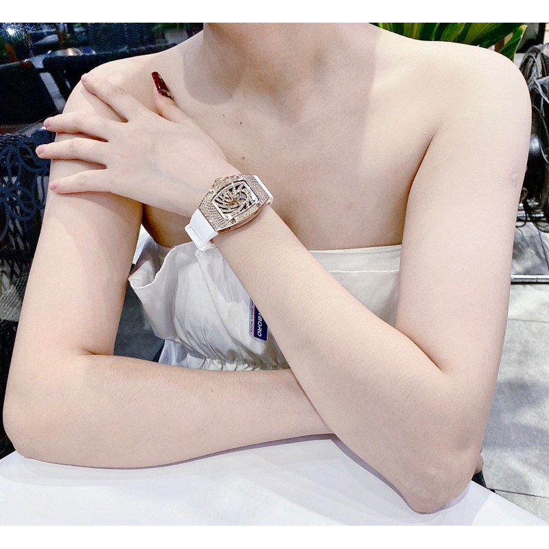 Đồng hồ Nữ HANBORO mặt vuông đính đá dây silicon màu trắng chính hãng