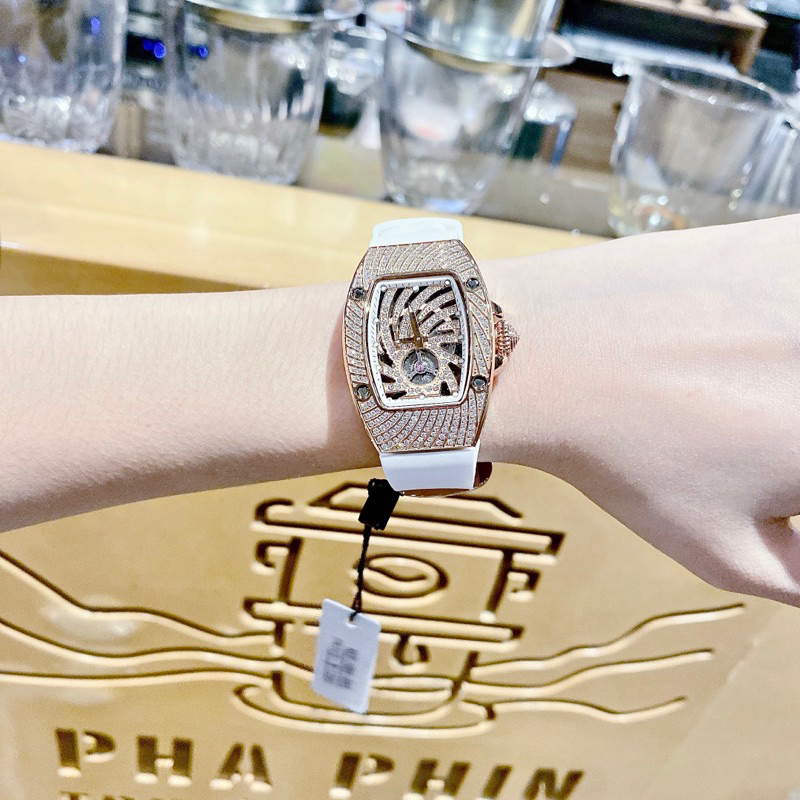 Đồng hồ Nữ HANBORO mặt vuông đính đá dây silicon màu trắng chính hãng