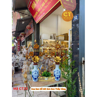 ❤️ hoa sen gỗ mít sơn son thếp vàng - 🔥 tặng kèm đế gỗ cắm bình sứ ✅