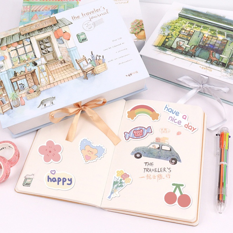 50-100 sticker gấu dâu, gấu nâu, mèo trang trí laptop, sách, đàn, dụng cụ học tập xinh xắn