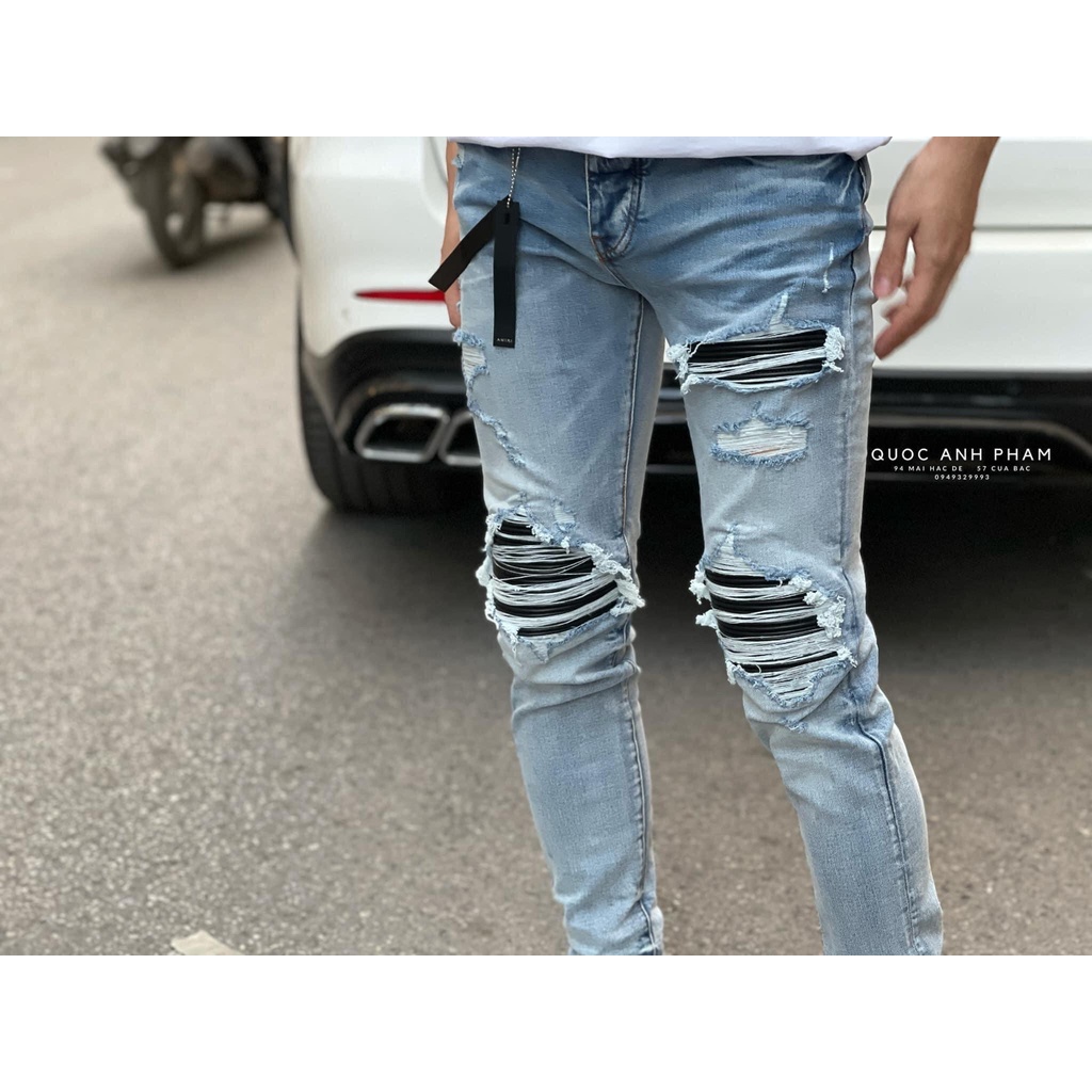 Quần jean amiri vá nhăn kẻ xanh boy phố,quần bò amiri vá nhăn cứng màu xanh loang bạc rách tua 4 khuy