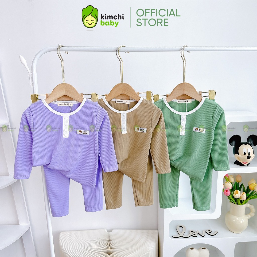 Bộ Dài Tay Cho Bé Trai, Bé Gái KIMCHIBABY Vải Thun Tăm Cổ Viền Đính Cúc, Đồ Bộ Cho Bé Mặc Nhà Thu Đông KCTD316