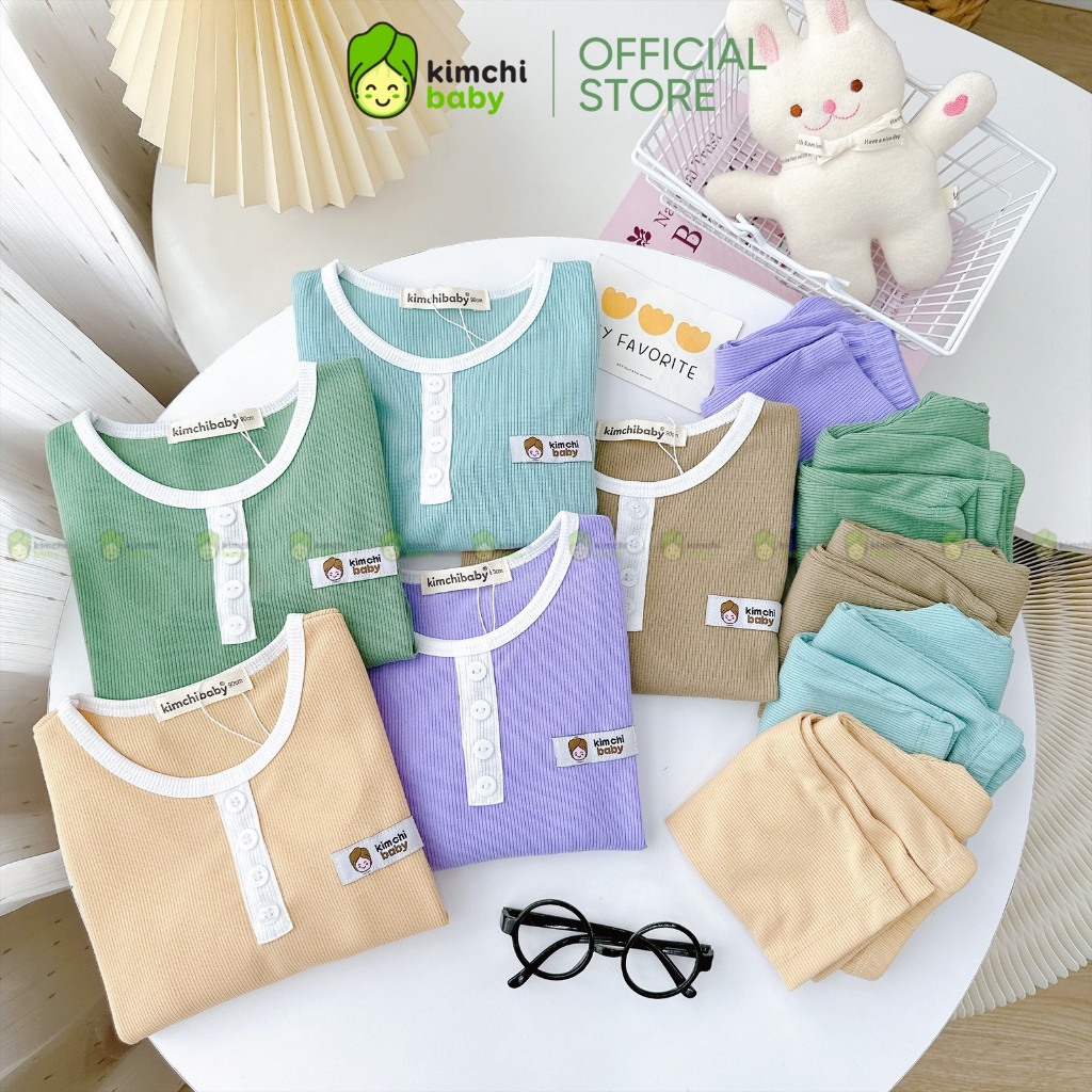 Bộ Dài Tay Cho Bé Trai, Bé Gái KIMCHIBABY Vải Thun Tăm Cổ Viền Đính Cúc, Đồ Bộ Cho Bé Mặc Nhà Thu Đông KCTD316