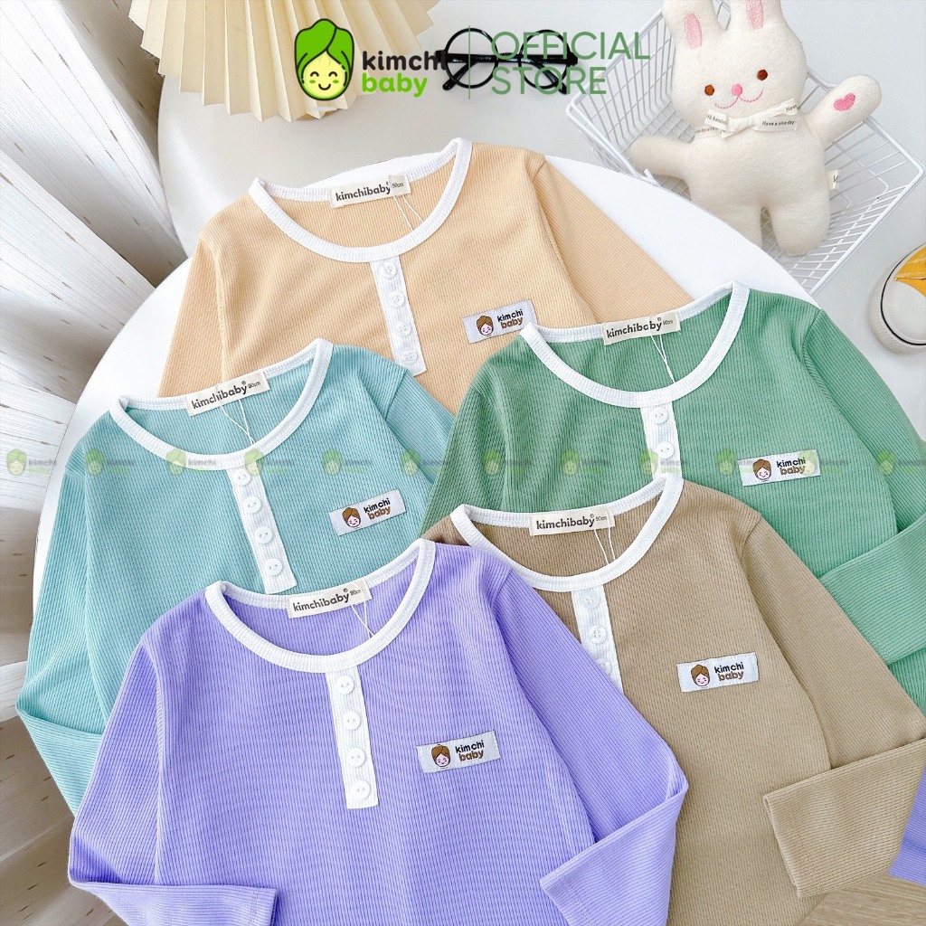 Bộ Dài Tay Cho Bé Trai, Bé Gái KIMCHIBABY Vải Thun Tăm Cổ Viền Đính Cúc, Đồ Bộ Cho Bé Mặc Nhà Thu Đông KCTD316