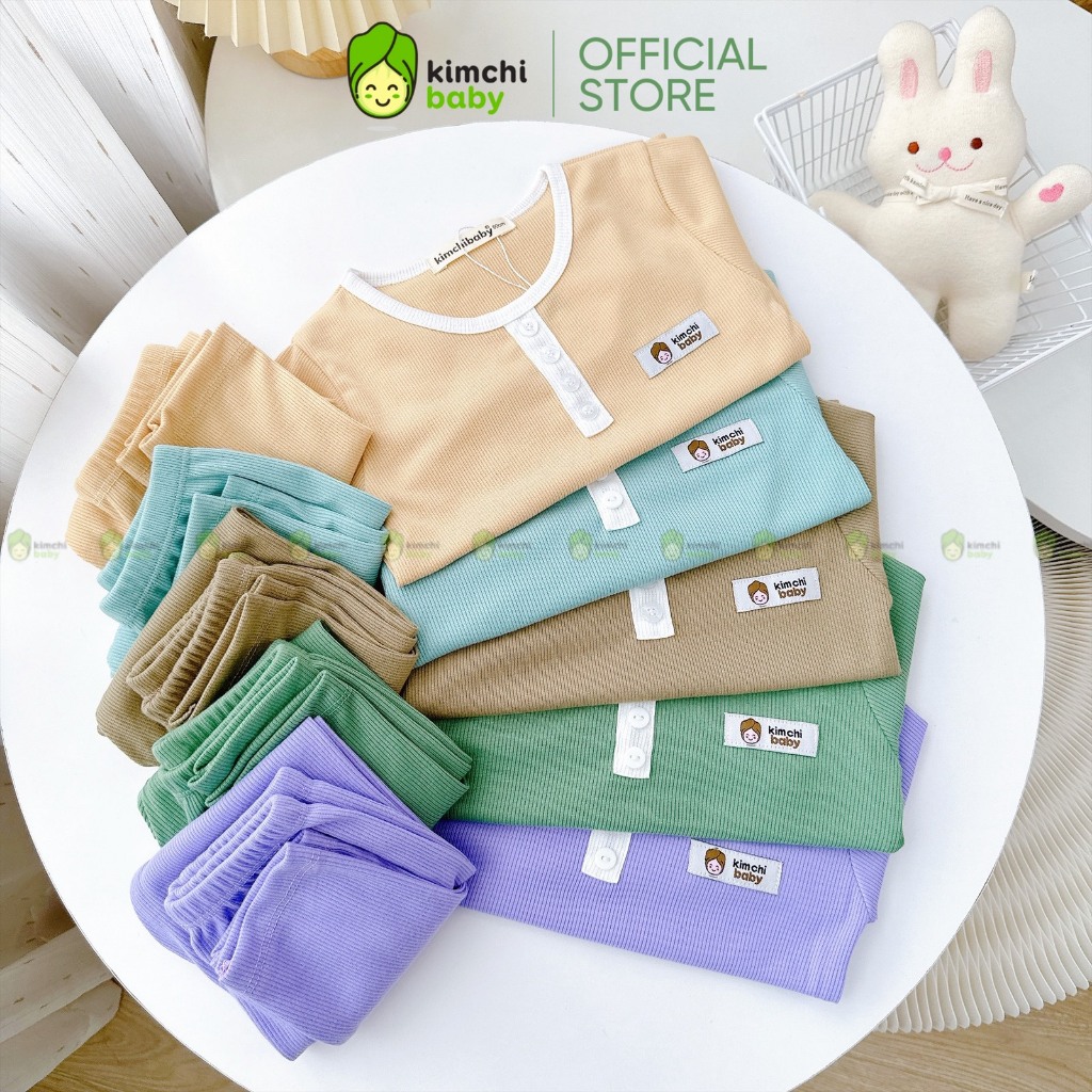 Bộ Dài Tay Cho Bé Trai, Bé Gái KIMCHIBABY Vải Thun Tăm Cổ Viền Đính Cúc, Đồ Bộ Cho Bé Mặc Nhà Thu Đông KCTD316