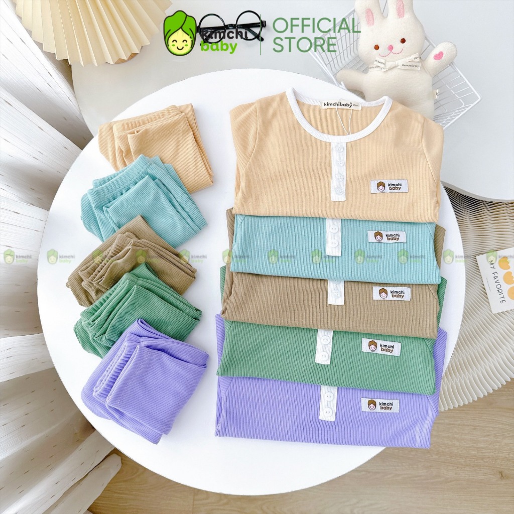 Bộ Dài Tay Cho Bé Trai, Bé Gái KIMCHIBABY Vải Thun Tăm Cổ Viền Đính Cúc, Đồ Bộ Cho Bé Mặc Nhà Thu Đông KCTD316