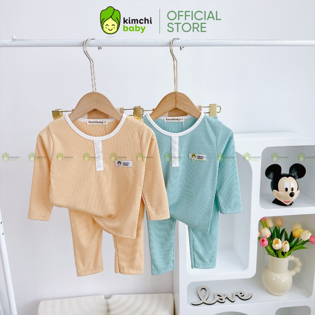 Bộ Dài Tay Cho Bé Trai, Bé Gái KIMCHIBABY Vải Thun Tăm Cổ Viền Đính Cúc, Đồ Bộ Cho Bé Mặc Nhà Thu Đông KCTD316
