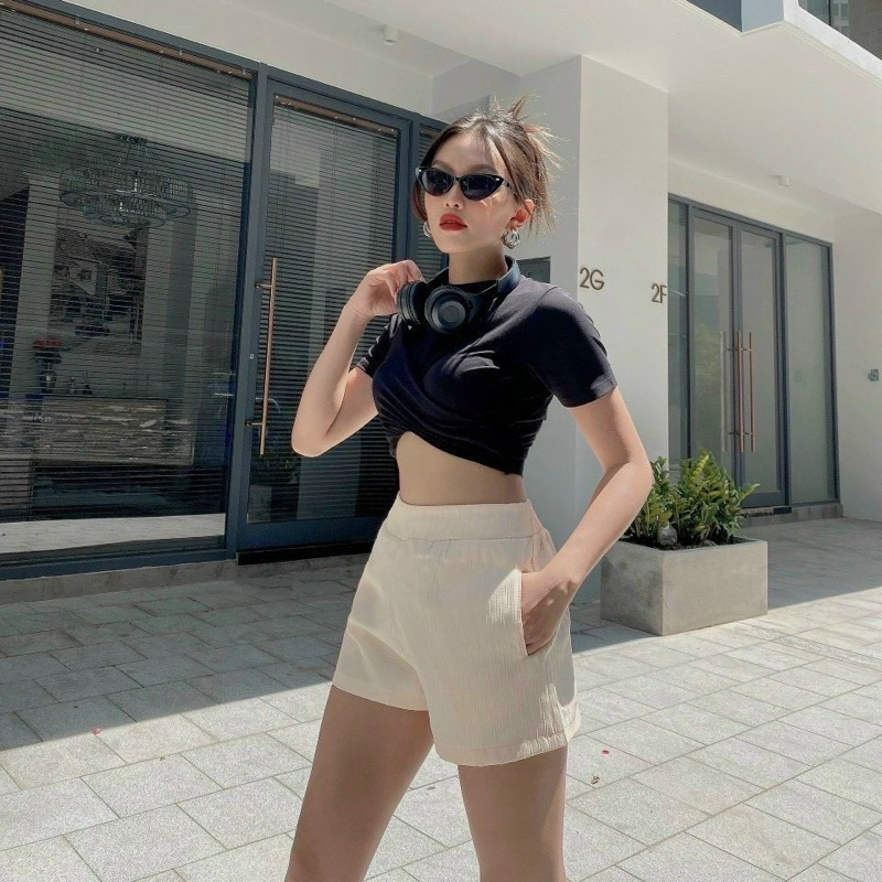 Áo croptop xoắn eo tay ngắn- vải dư xịn thun gân tăm