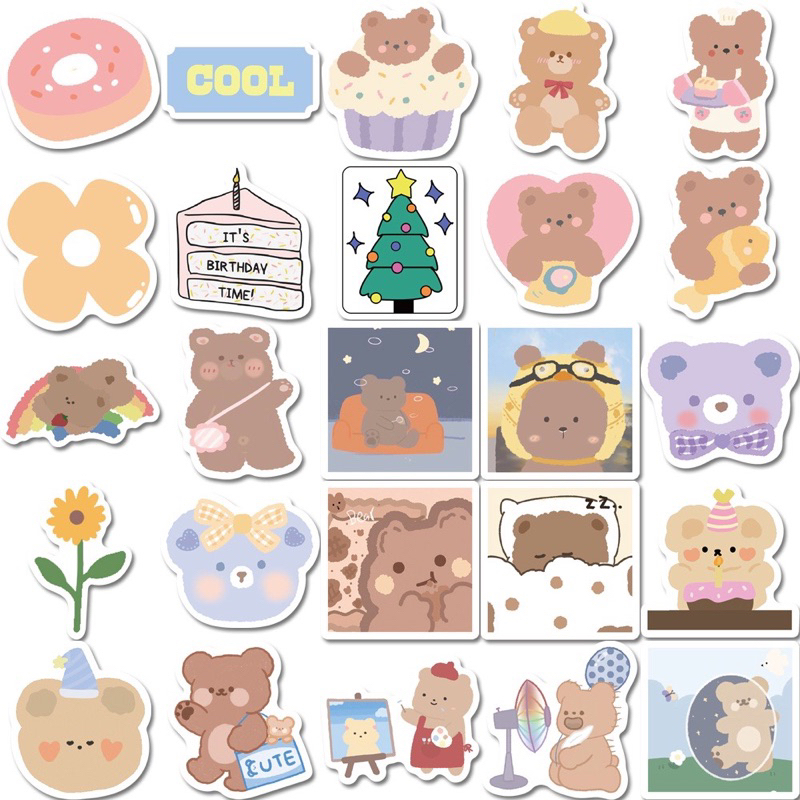 50-100 sticker gấu dâu, gấu nâu, mèo trang trí laptop, sách, đàn, dụng cụ học tập xinh xắn