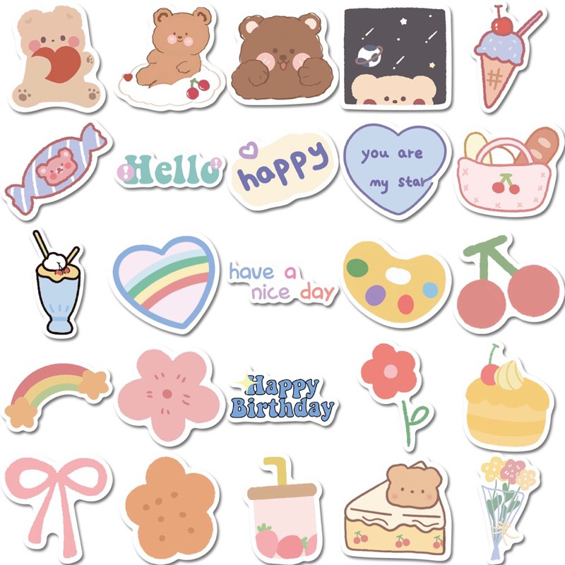 50-100 sticker gấu dâu, gấu nâu, mèo trang trí laptop, sách, đàn, dụng cụ học tập xinh xắn