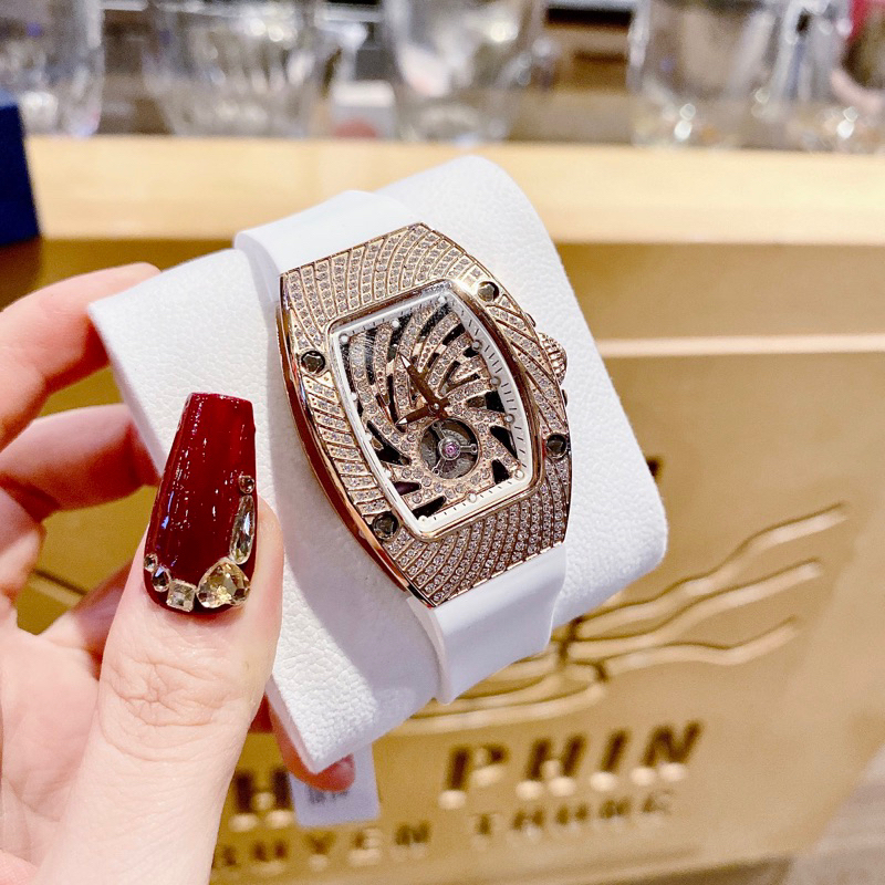 Đồng hồ Nữ HANBORO mặt vuông đính đá dây silicon màu trắng chính hãng