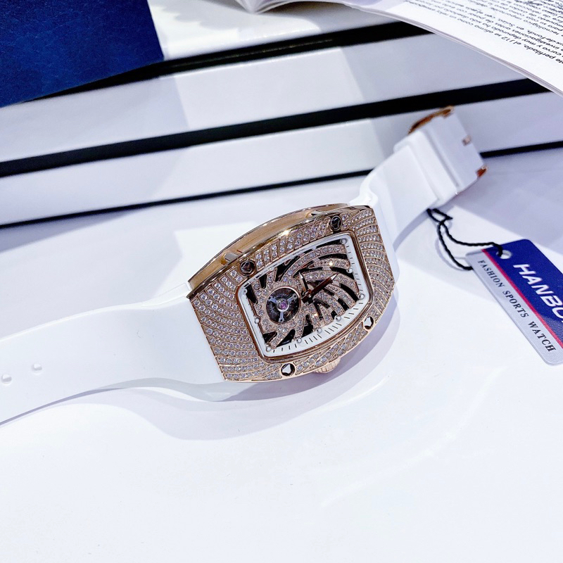 Đồng hồ Nữ HANBORO mặt vuông đính đá dây silicon màu trắng chính hãng