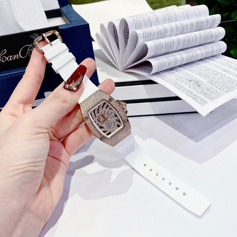 Đồng hồ Nữ HANBORO mặt vuông đính đá dây silicon màu trắng chính hãng