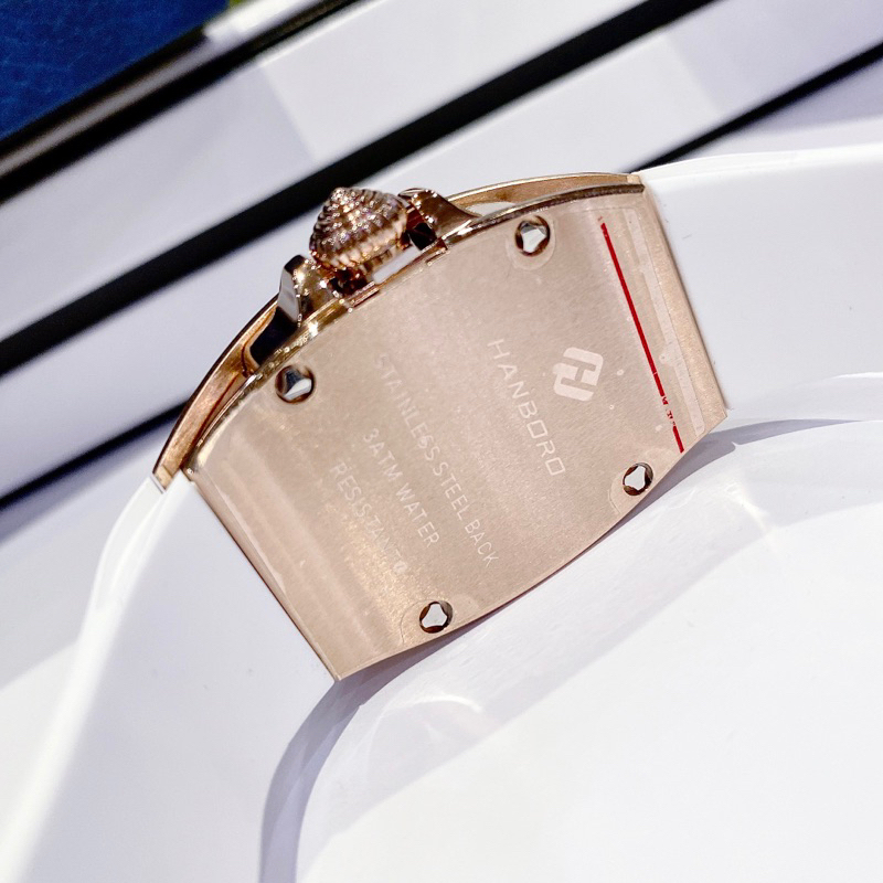 Đồng hồ Nữ HANBORO mặt vuông đính đá dây silicon màu trắng chính hãng