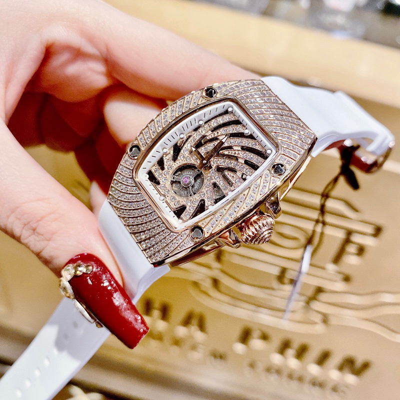 Đồng hồ Nữ HANBORO mặt vuông đính đá dây silicon màu trắng chính hãng