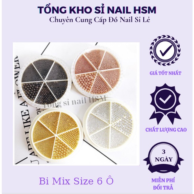 Set Bi Trang Trí Móng Kim Loại Khay Tròn 6 Ngăn Mix Size - Tổng Sỉ Nail Hsm