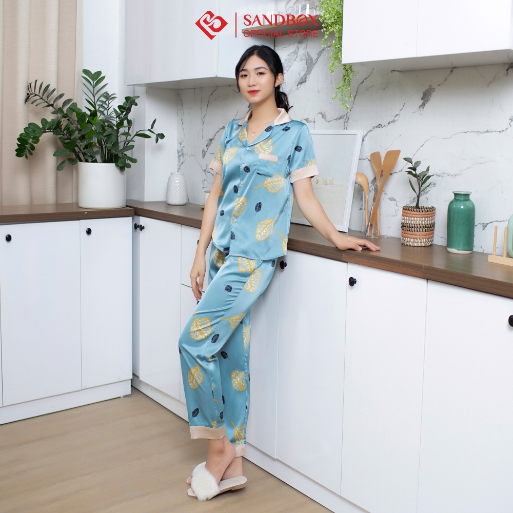 Đồ Bộ Nữ Pijama Mặc Nhà SANDBOX Thiết Kế Phối Tay Cộc, Quần Dài Lụa Satin Nhật Cao Cấp, Thoải Mái