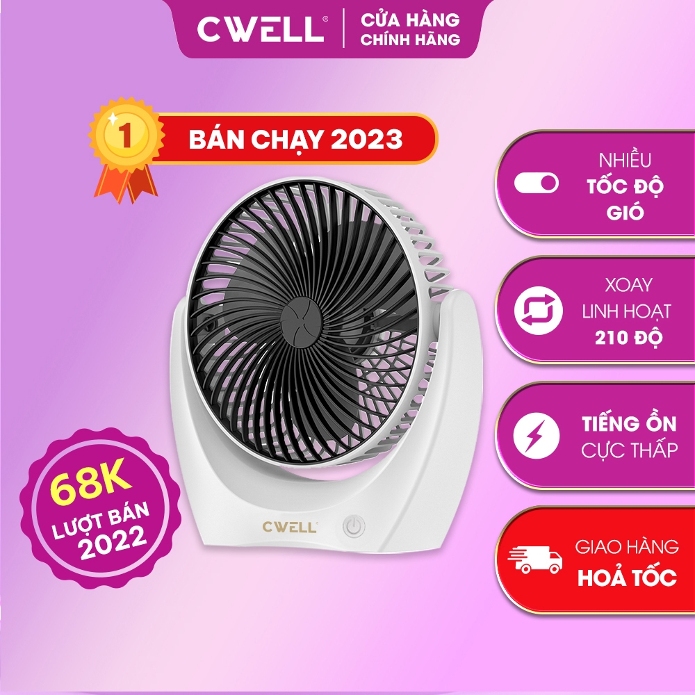 Quạt mini để bàn, quạt tích điện cầm tay CWELL động cơ không tiếng ồn, xoay 210 độ, pin khủng, bảo hành chính hãng