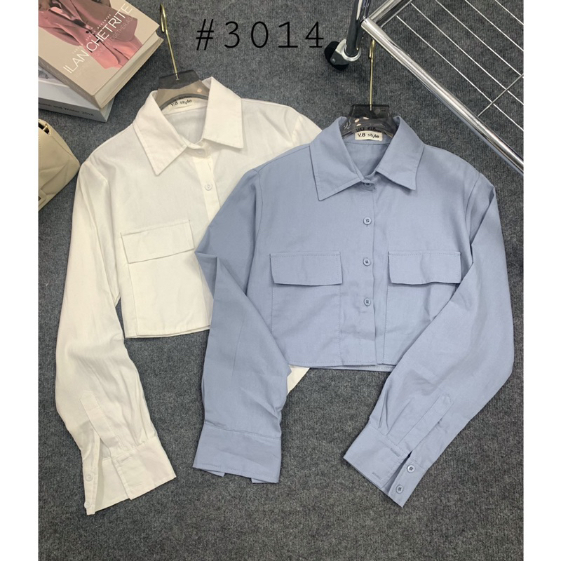 Áo sơmi dài tay trắng croptop túi hộp, Áo sơ mi crotop dài tay trắng dáng rộng 3014