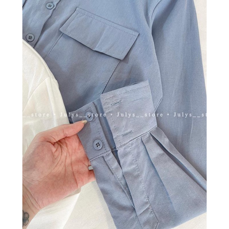 Áo sơmi dài tay trắng croptop túi hộp, Áo sơ mi crotop dài tay trắng dáng rộng 3014