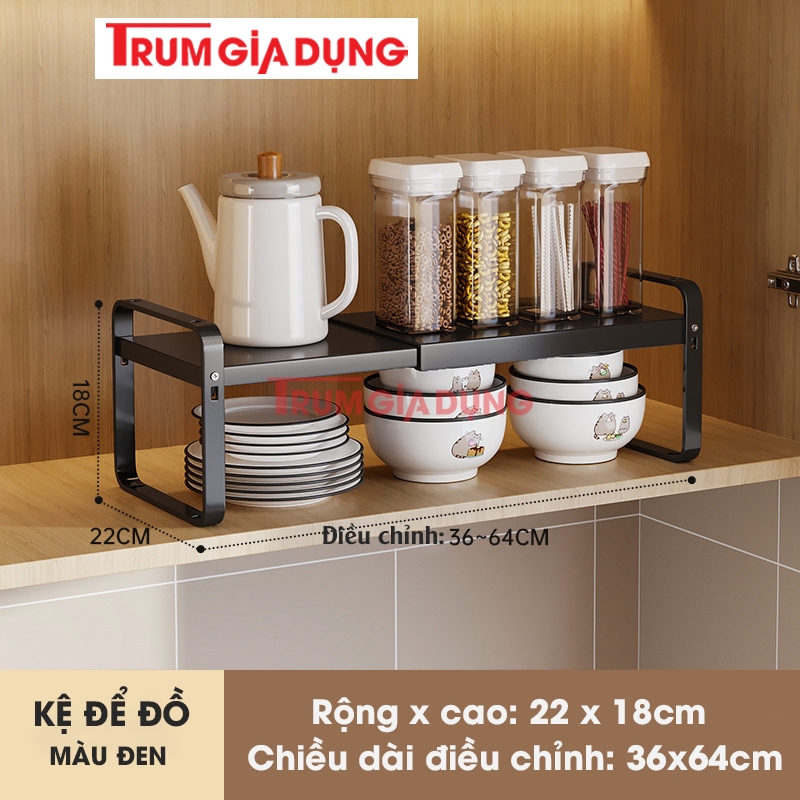 Giá kệ để đồ nhà bếp, tủ bếp Trùm Gia Dụng, điều chỉnh kích thước , chất liệu thép Carbon, phù hợp hầu hết tủ bếp.