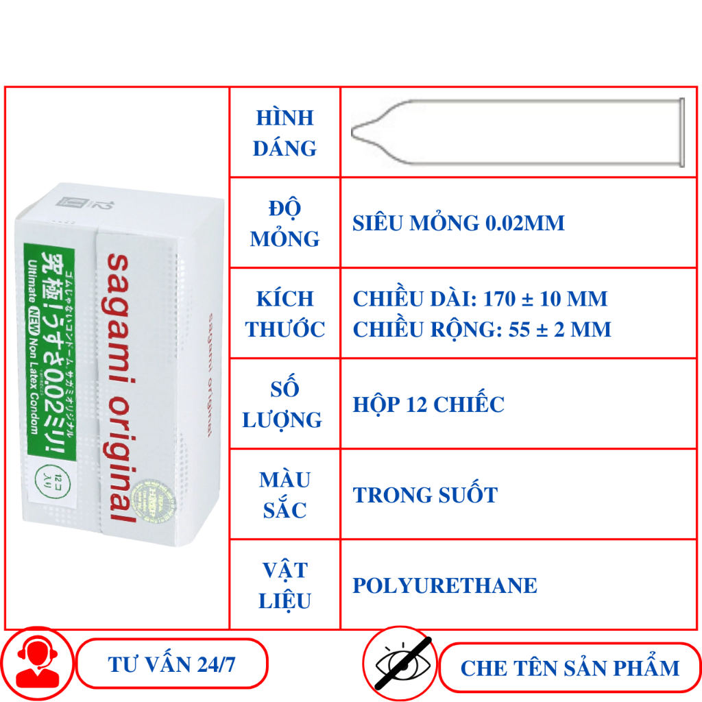 Bao cao su Sagami Original siêu mỏng 0.02 mm hộp 12 cái