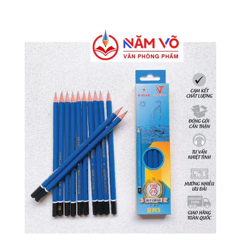 Hộp 12 Cây Bút Viết Chì Đen 2B Thân Gỗ Màu Xanh, Không Gôm G-Star/ GStar P333/P-333 Chính Hãng