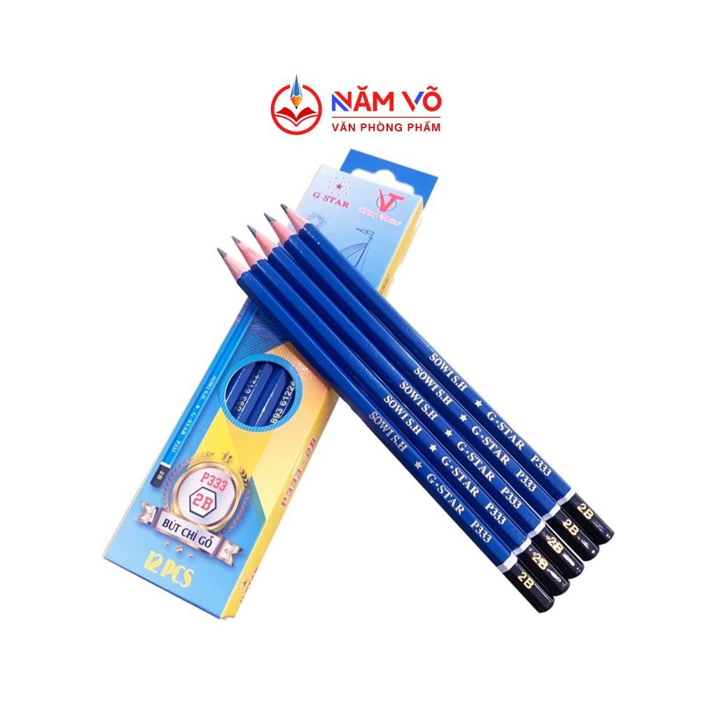 Hộp 12 Cây Bút Viết Chì Đen 2B Thân Gỗ Màu Xanh, Không Gôm G-Star/ GStar P333/P-333 Chính Hãng