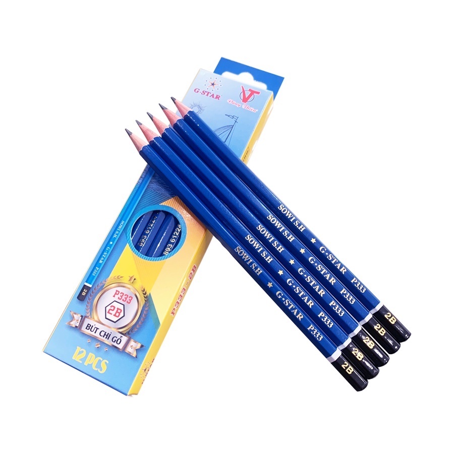 Hộp 12 Cây Bút Viết Chì Đen 2B Thân Gỗ Màu Xanh, Không Gôm G-Star/ GStar P333/P-333 Chính Hãng