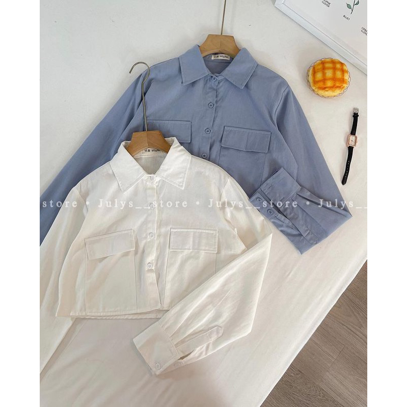 Áo sơmi dài tay trắng croptop túi hộp, Áo sơ mi crotop dài tay trắng dáng rộng 3014