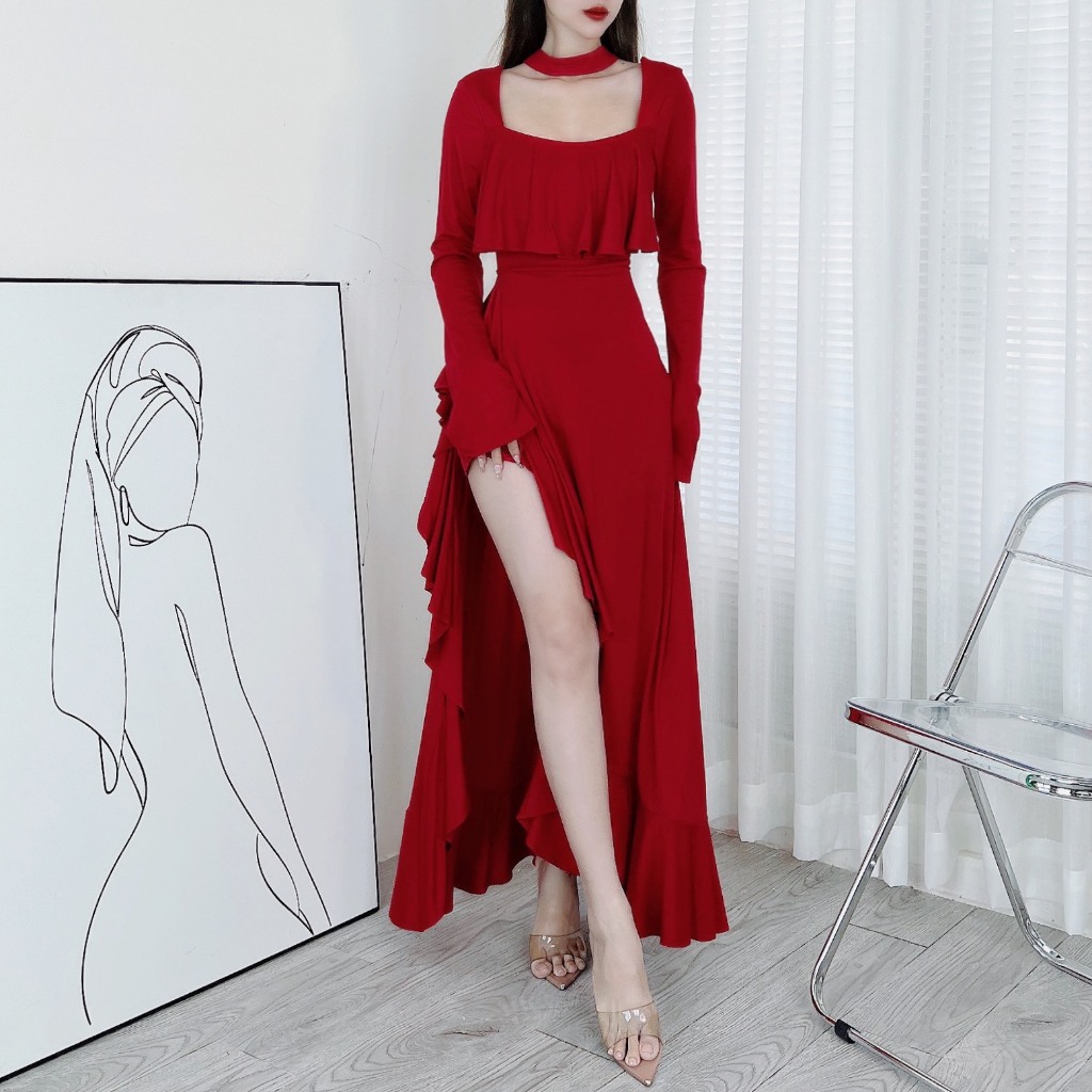 Đầm Maxi Trơn Nữ Mullet Viền Bèo Kèm Choker Xẻ Tà Chất Cotton Lụa 3 Màu Trendy MIMIX DQ2280