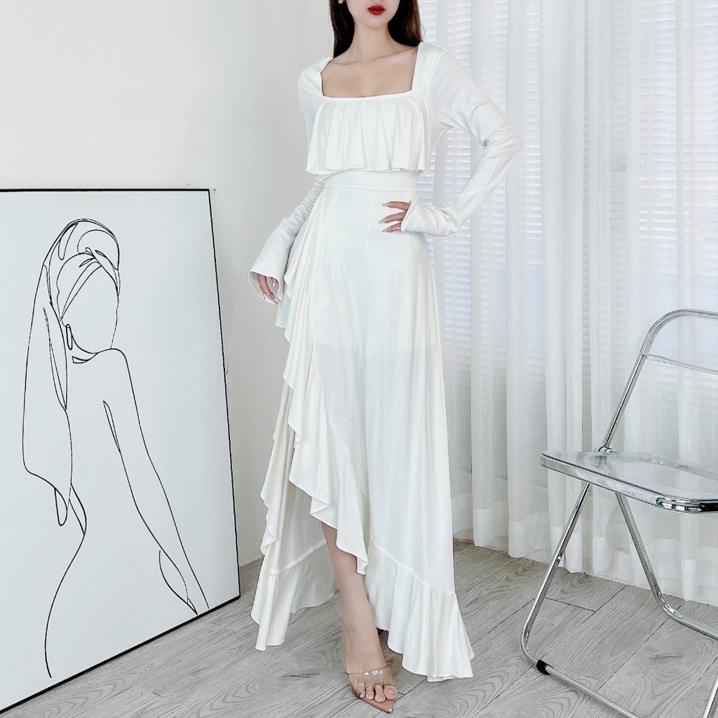 Đầm Maxi Trơn Nữ Mullet Viền Bèo Kèm Choker Xẻ Tà Chất Cotton Lụa 3 Màu Trendy MIMIX DQ2280