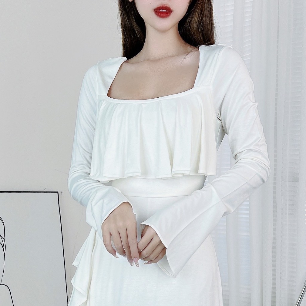 Đầm Maxi Trơn Nữ Mullet Viền Bèo Kèm Choker Xẻ Tà Chất Cotton Lụa 3 Màu Trendy MIMIX DQ2280