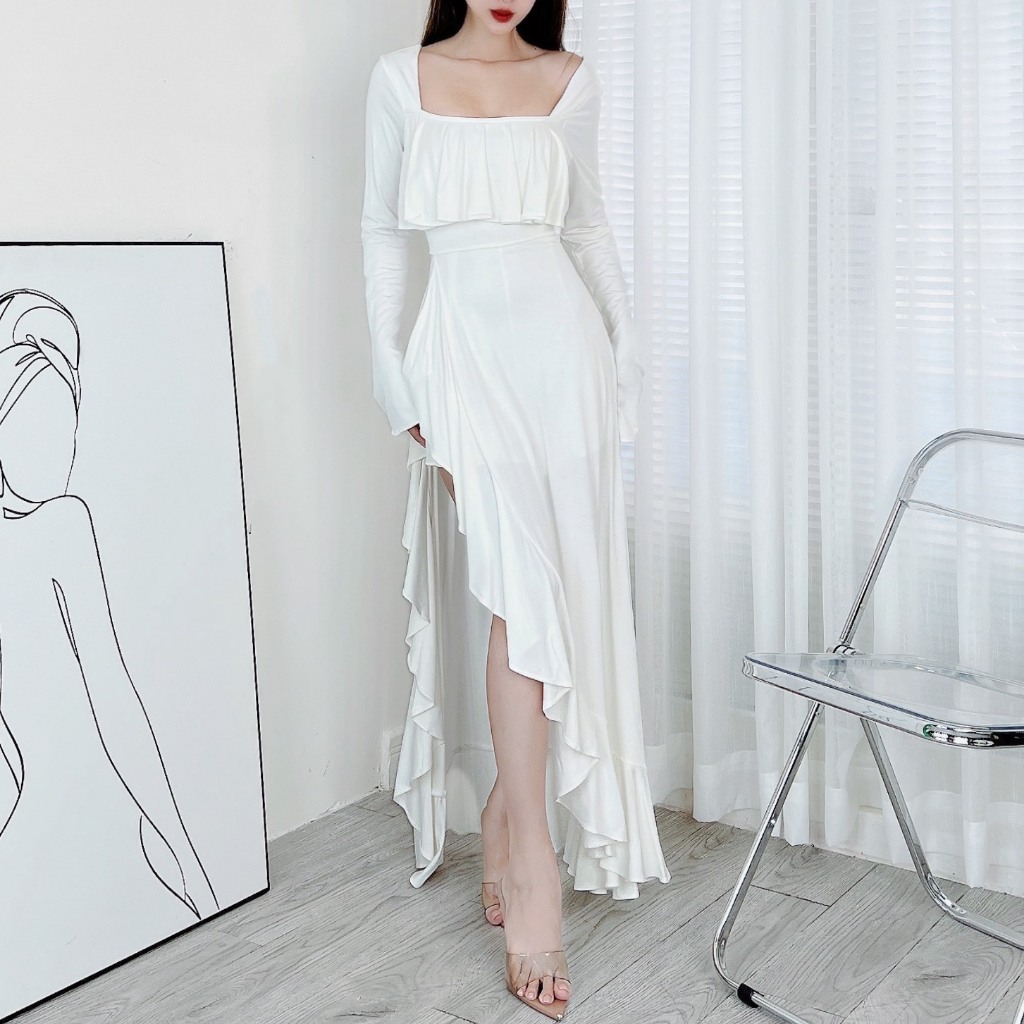 Đầm Maxi Trơn Nữ Mullet Viền Bèo Kèm Choker Xẻ Tà Chất Cotton Lụa 3 Màu Trendy MIMIX DQ2280