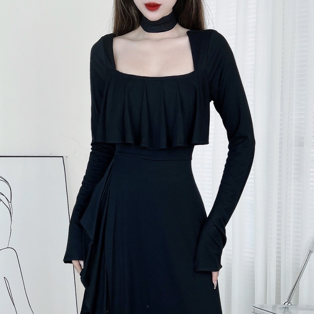 Đầm Maxi Trơn Nữ Mullet Viền Bèo Kèm Choker Xẻ Tà Chất Cotton Lụa 3 Màu Trendy MIMIX DQ2280