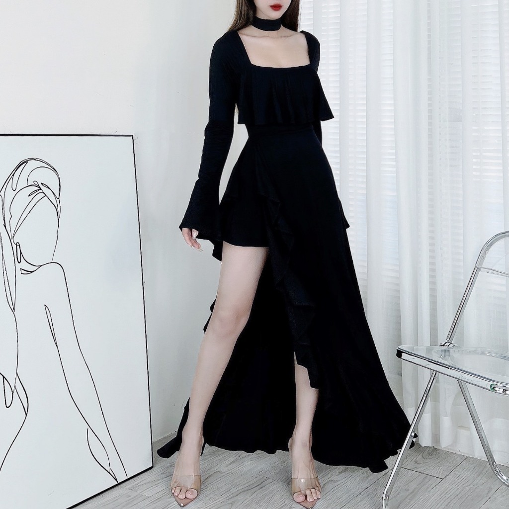 Đầm Maxi Trơn Nữ Mullet Viền Bèo Kèm Choker Xẻ Tà Chất Cotton Lụa 3 Màu Trendy MIMIX DQ2280