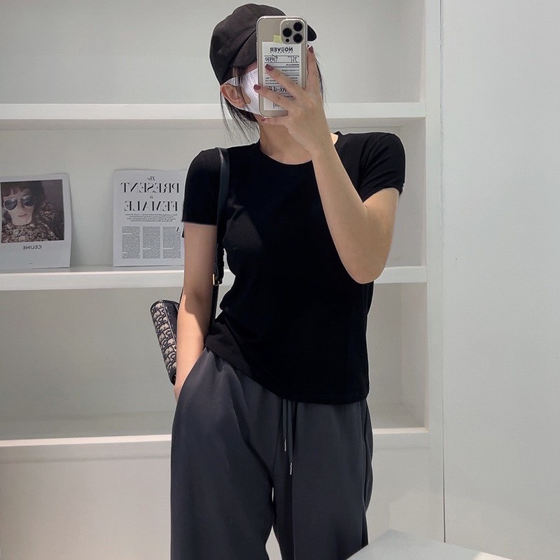 Áo thun trơn body cổ tròn, Áo thun nữ tay ngắn baby tee