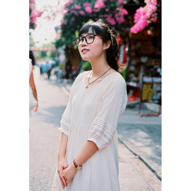 Váy Cổ Tròn Tay Phồng Phối Ren Hội Vintage/Mori Vui Thu Đông Xinh