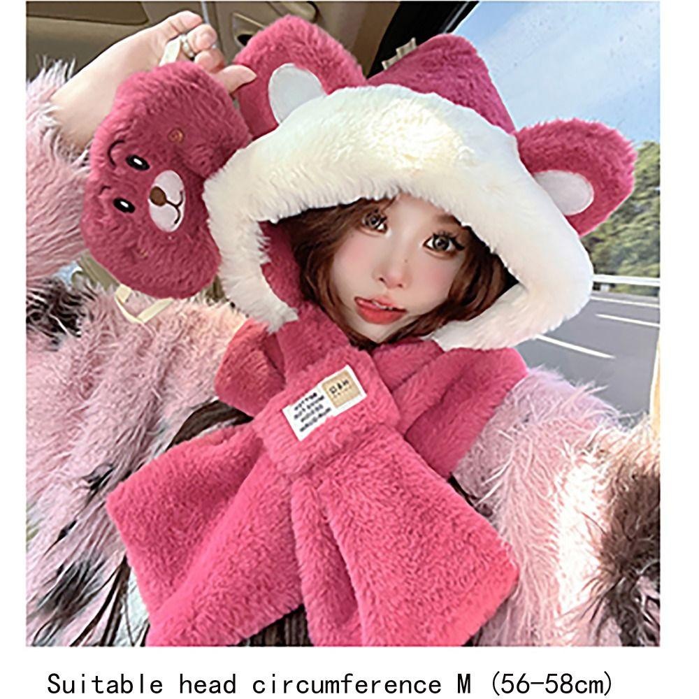 MVP3448 Set Găng Tay + Mũ + Khăn Choàng Cổ + Mũ Giữ Ấm Mùa Đông Màu Trơn Hình Gấu