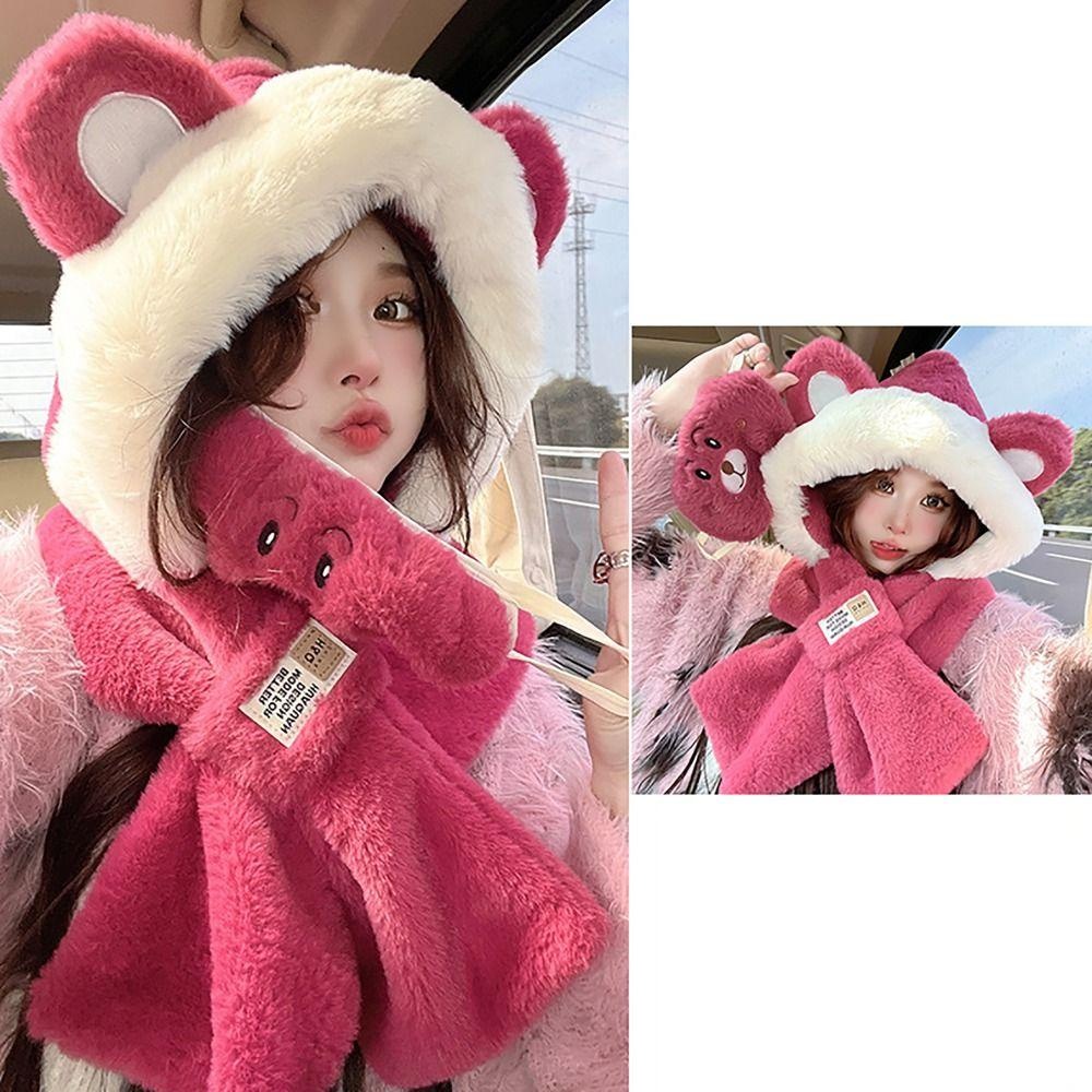 MVP3448 Set Găng Tay + Mũ + Khăn Choàng Cổ + Mũ Giữ Ấm Mùa Đông Màu Trơn Hình Gấu