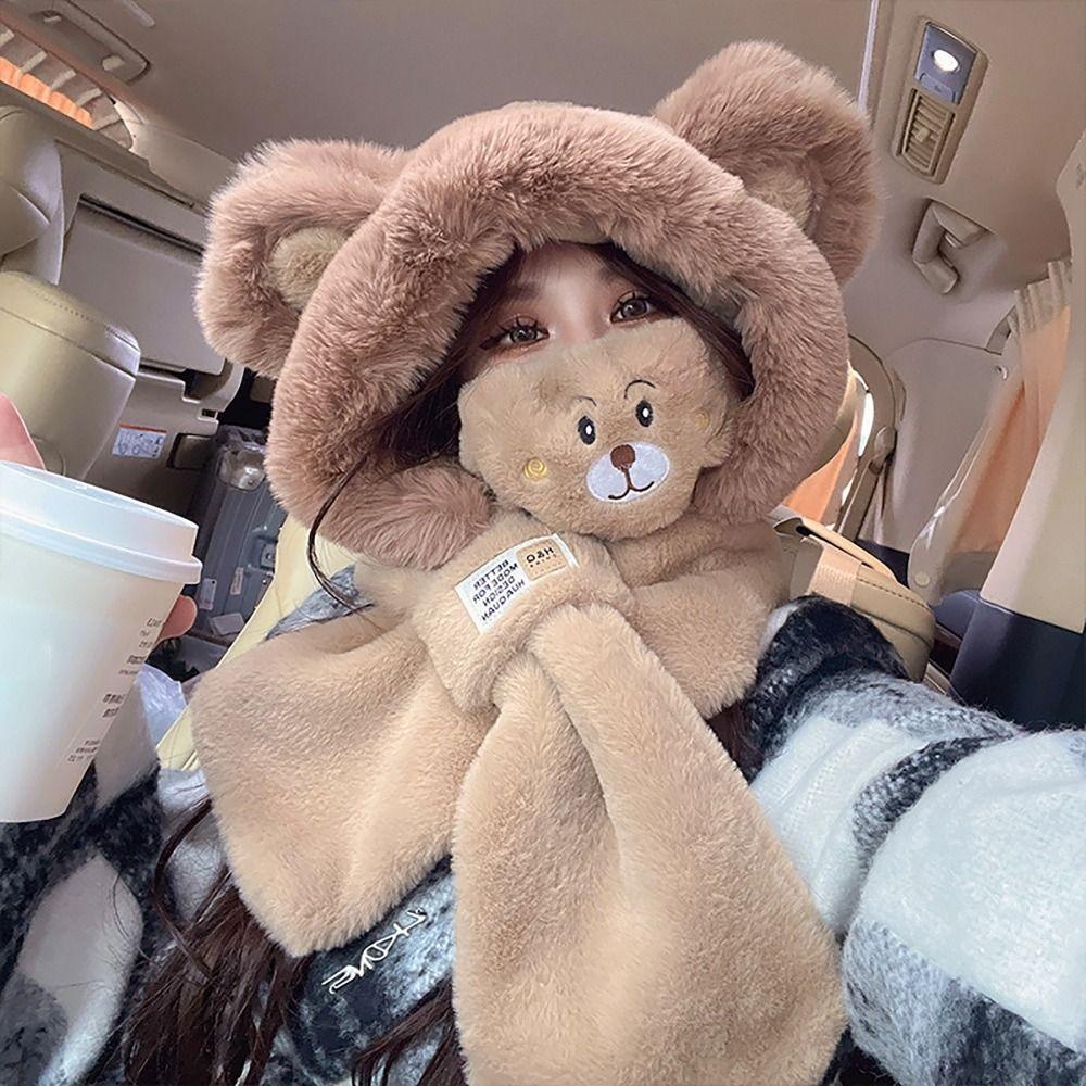 MVP3448 Set Găng Tay + Mũ + Khăn Choàng Cổ + Mũ Giữ Ấm Mùa Đông Màu Trơn Hình Gấu