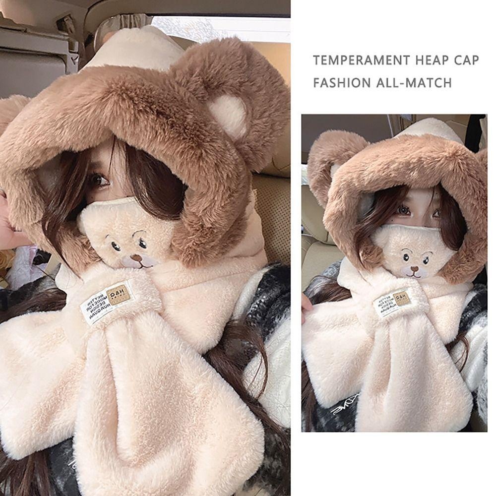 MVP3448 Set Găng Tay + Mũ + Khăn Choàng Cổ + Mũ Giữ Ấm Mùa Đông Màu Trơn Hình Gấu